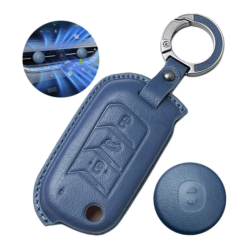 Keyzone Leather Key Cover & Ac Vent Car Perfume With 4 Fragrances For Mahindra Thar Roxx, Thar, Bolero, Scorpio, Xuv700, Xuv400, Xuv3x0, Xuv300, Tuv300, Marazzo 3 Button Flip Key(Pk09) 1
