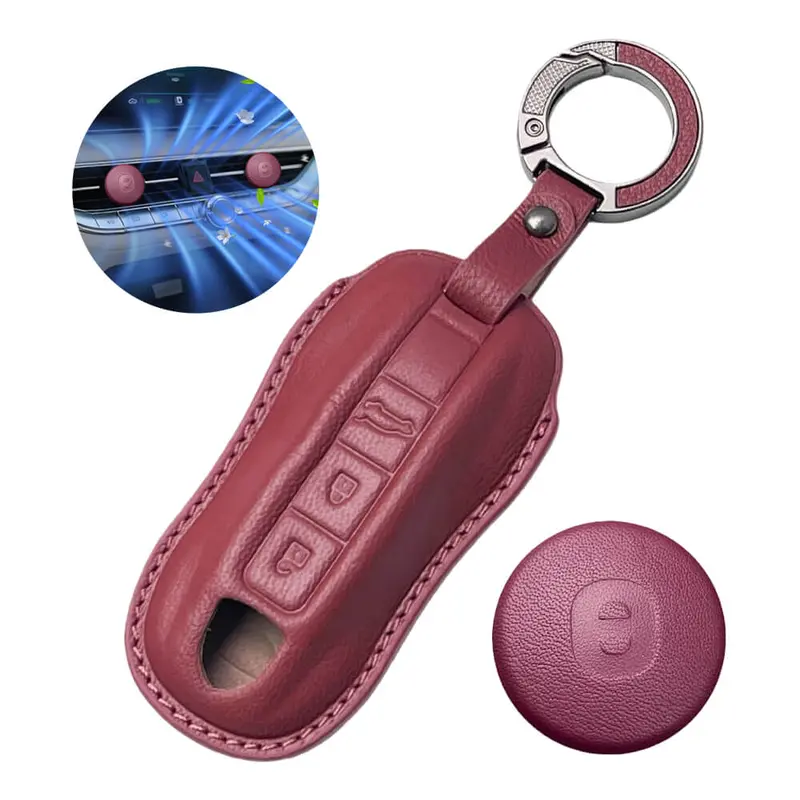 Keyzone Leather Key Cover & Ac Vent Car Perfume With 4 Fragrances For Porsche Taycan, Cayenne, Panamera, 911, Carrera 3 Button Smart Key(Pk81) 1