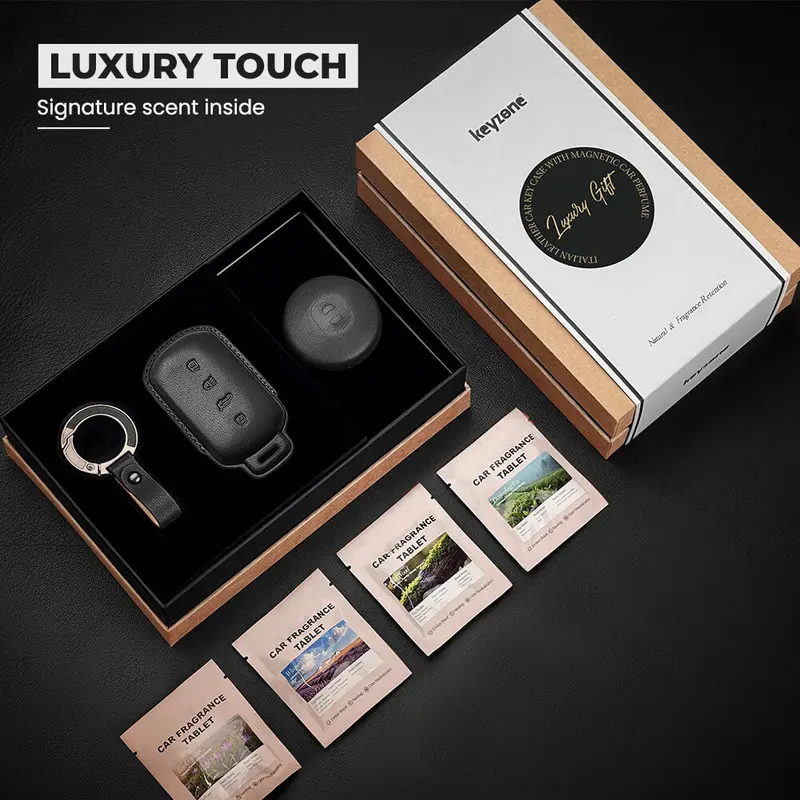 Keyzone Leather Key Cover & Ac Vent Car Perfume With 4 Fragrances For Tata Sierra, Safari, Harrier, Curvv, Curvv Ev 4 Button Smart Key(Pk86) 3