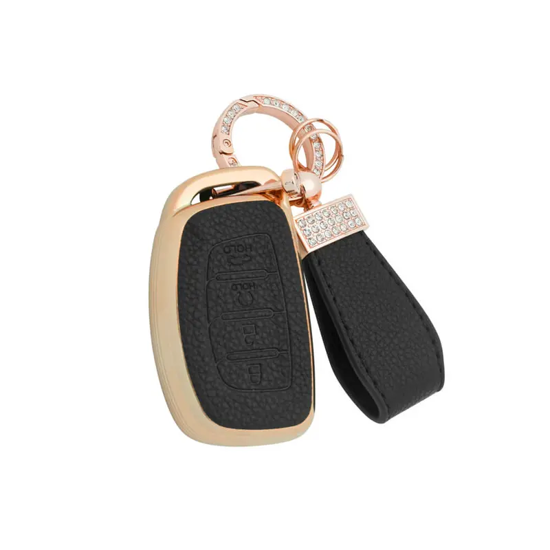 Keyzone Litchi Leather Textured Tpu Key Cover & Keychain For Alcazar, Creta 4 Button Smart Key (Bltp67) 1