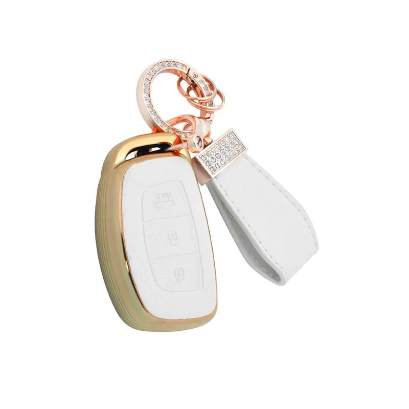 Keyzone Litchi Leather Textured Tpu Key Cover & Keychain For Exter, Creta, I20, Aura, Xcent, Tucson, Elantra, Verna, Grand I10 3 Button Smart Key (Bltp07) 1