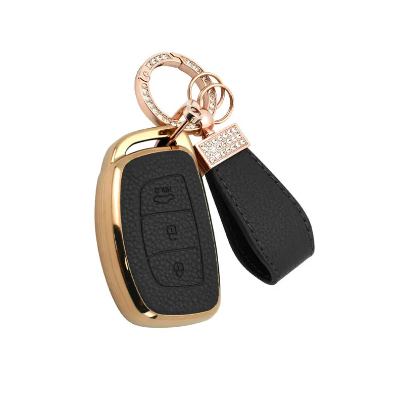 Keyzone Litchi Leather Textured Tpu Key Cover & Keychain For Exter, Creta, I20, Aura, Xcent, Tucson, Elantra, Verna, Grand I10 3 Button Smart Key (Bltp07) 2