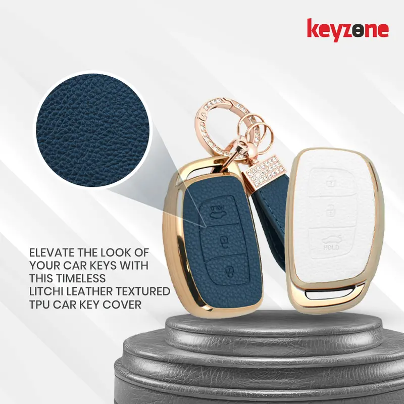 Keyzone Litchi Leather Textured Tpu Key Cover & Keychain For Exter, Creta, I20, Aura, Xcent, Tucson, Elantra, Verna, Grand I10 3 Button Smart Key (Bltp07) 3