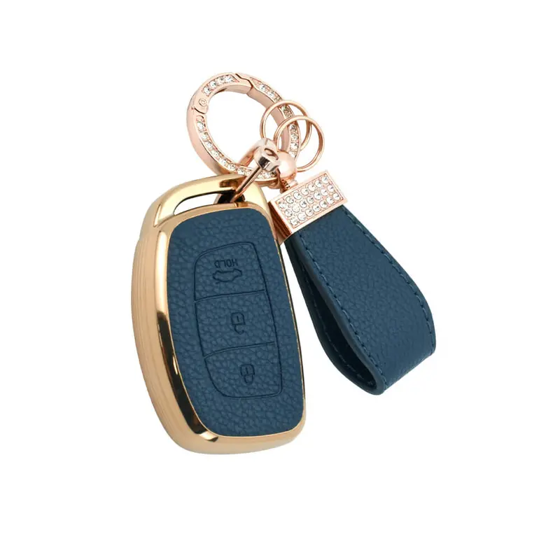 Keyzone Litchi Leather Textured Tpu Key Cover & Keychain For Exter, Creta, I20, Aura, Xcent, Tucson, Elantra, Verna, Grand I10 3 Button Smart Key (Bltp07) 3