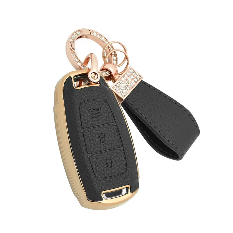 Keyzone Litchi Leather Textured Tpu Key Cover & Keychain For I20, Kona, Verna 3 Button Smart Key (Bltp41) 1