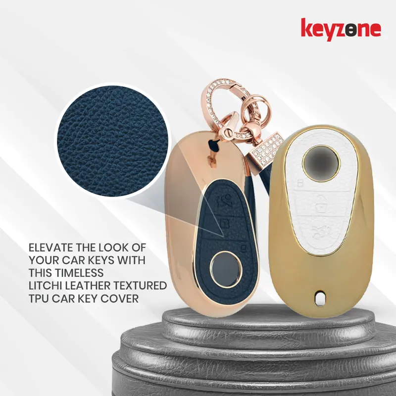 Keyzone Litchi Leather Textured Tpu Key Cover & Keychain For S-Class G-Class E-Class 2022 Onwards 3 Button Smart Key (Bltp71) 3