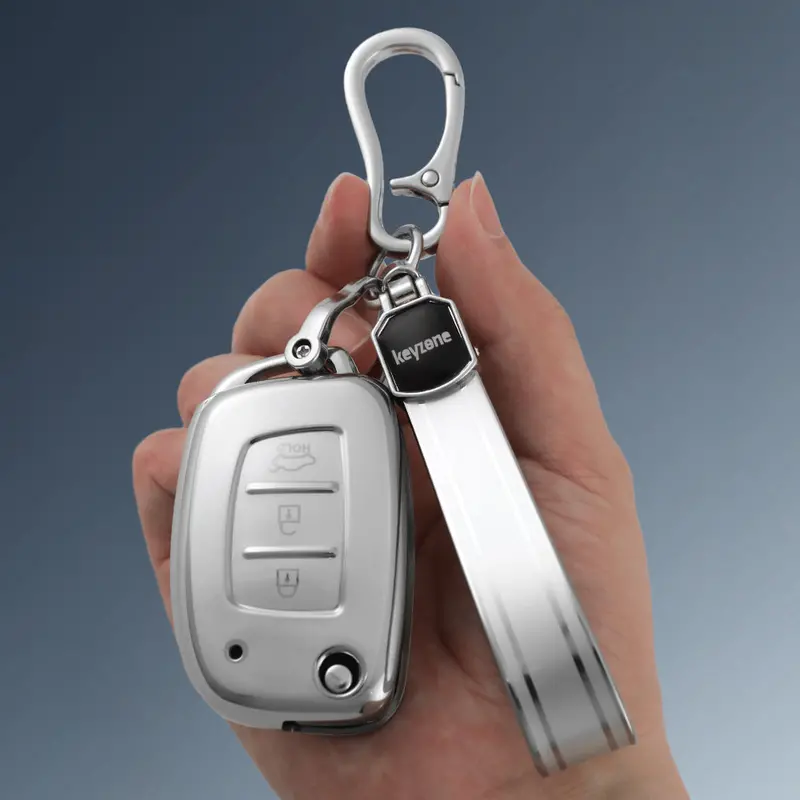 Keyzone Silver Dust Tpu Key Cover & Keychain For I20, Creta, Venue, Tucson, Alcazar, Verna, Xcent, Grand I10, Aura, Exter Flip Key (Sdtp10, Sdtpkeychain) 1