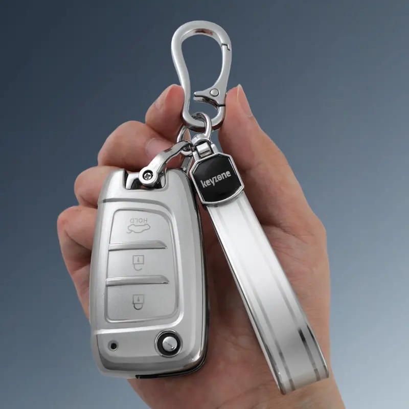 Keyzone Silver Dust Tpu Key Cover & Keychain For I20, Venue, Kona, Verna 2018 Onwards 3 Button Flip Key (Sdtp43, Sdtpkeychain) 1