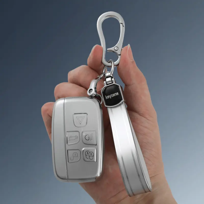 Keyzone Silver Dust Tpu Key Cover & Keychain For Jaguar Xf Xj Xe F-Pace F-Type Range Rover Evoque Velar Discovery Lr4 Land Rover Sport 5 Button Smart Key (Sdtp72, Sdtpkeychain) 1