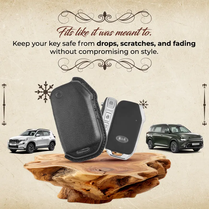 Keyzone Vintage Leather Key Cover Compatible For Kia Seltos, Sonet, Carens 2023 Onwards 3 Button Smart Key (Vl79) 3