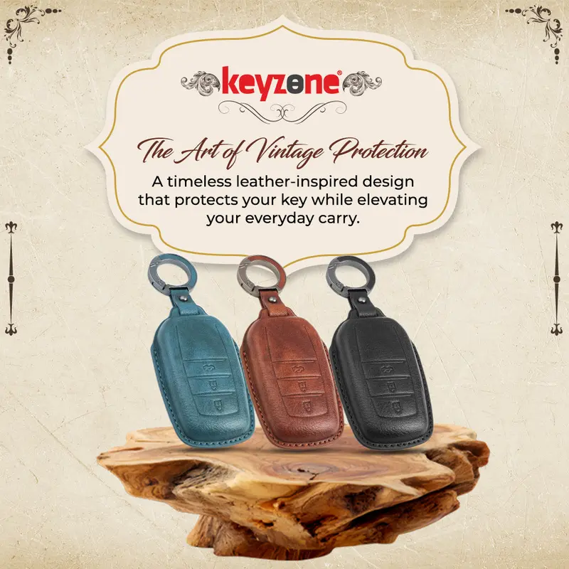 Keyzone Vintage Leather Key Cover For Toyota Fortuner, Legender, Land Cruiser, Innova Hycross 3 Button Smart Key(Vl18-3B) 3
