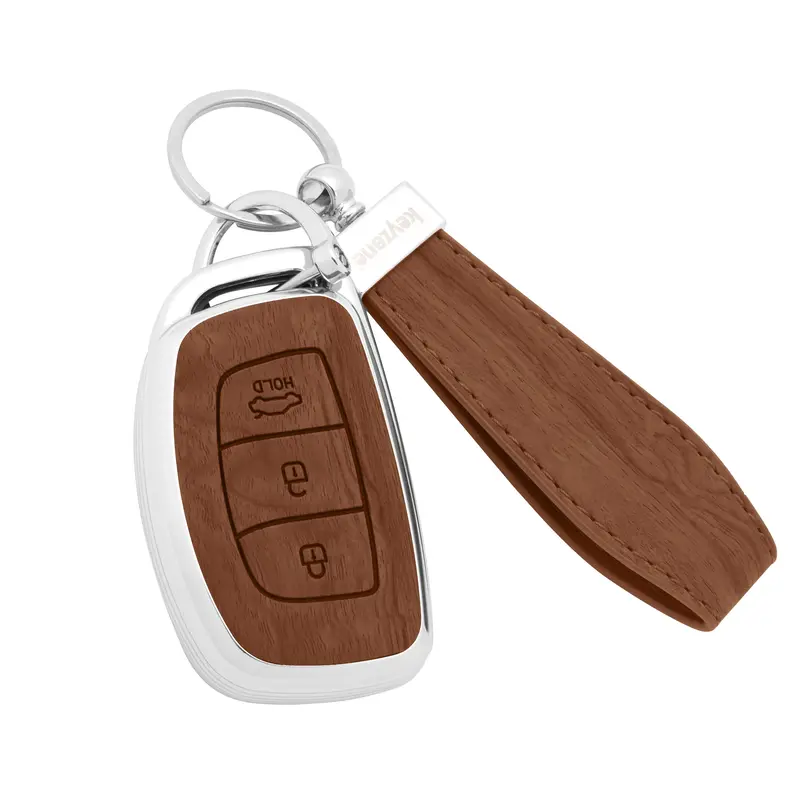 Keyzone Woodgrain Tpu Key Cover & Keychain For Exter, Creta, I20, Aura, Xcent, Tucson, Elantra, Verna, Grand I10 3 Button Smart Key (Wdtp07) 1
