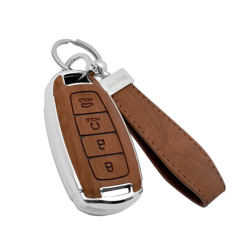 Keyzone Woodgrain Tpu Key Cover & Keychain For I20, Verna 2023 Onwards 4 Button Smart Key (Wdtp60) 1