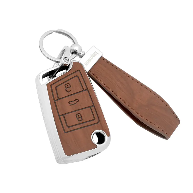 Keyzone Woodgrain Tpu Key Cover & Keychain For Virtus, Tiguan, T-Roc, Taigun, Jetta, Octavia, Karoq, Superb, Kodiaq, Slavia Flip Key (Wdtp44) 1