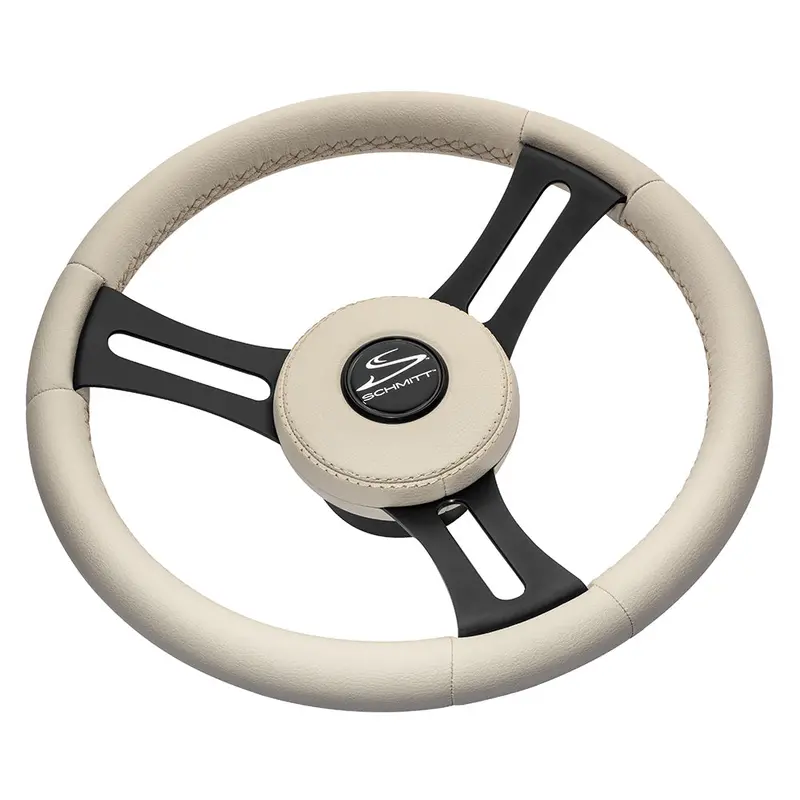 Schmitt Marine Torcello Elite 14" Wheel - Beige Leather  Cap - White Stitching - Black Ss Spokes - 3/4" Tapered Shaft [Pu081b11] 1