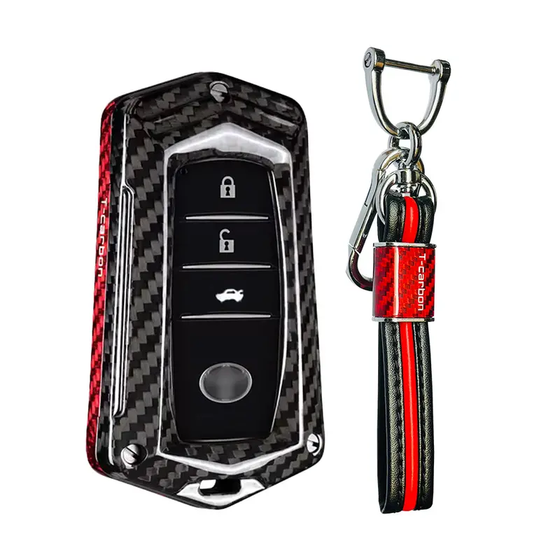 T-Carbon Genuine Carbon Fibre Key Cover And Keychain Compatible For Innova Crysta, Hycross, Hilux, Fortuner, Legender, Land Cruiser, Camry 2/3 Button Smart Key (Tcarbon18) 1