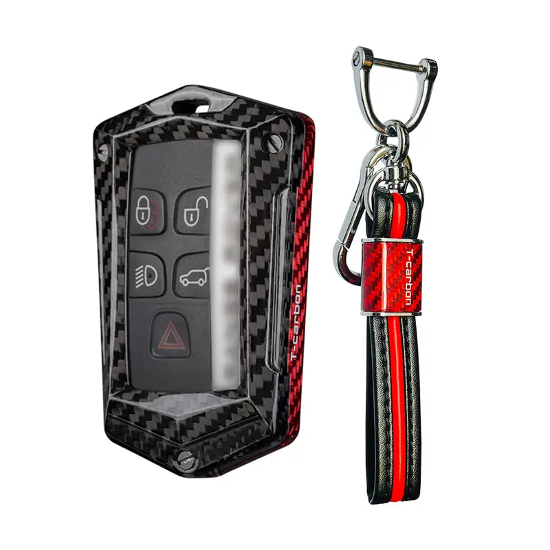 T-Carbon Genuine Carbon Fibre Key Cover And Keychain Compatible For Jaguar / Range Rover Evoque Velar Discovery Lr4 Land Rover Sport Xf Xj Xe F-Pace F-Type 5 Button Smart Key (Tcarbon72) 1