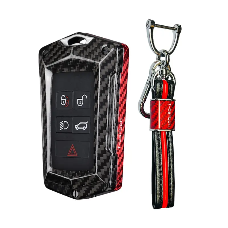 T-Carbon Genuine Carbon Fibre Key Cover And Keychain Compatible For Range Rover Sport Evoque Velar Discovery Defender (2018, 2019, 2020, 2021) 5 Button Smart Key (Tcarbon73) 1
