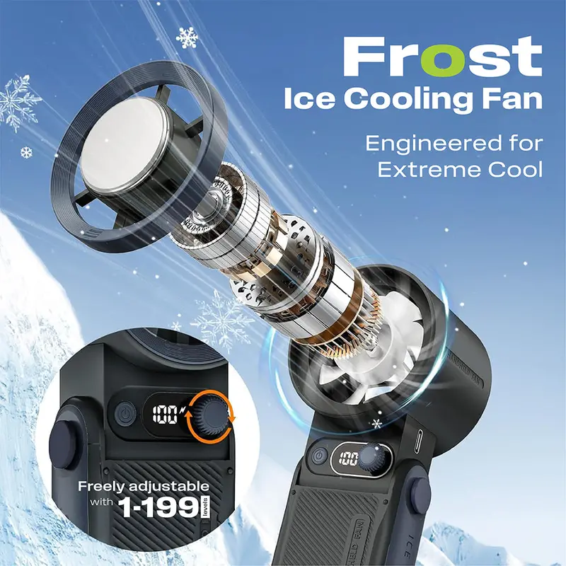 Zovo Frost Portable Ice Cooling Fan, 13000 Rpm | 6000 Mah Usb Rechargeable Battery Up To 30H | Led Digital Display | 1-199 Speed | For Travel, Office, Shopping, Concerts & Outdoor 2