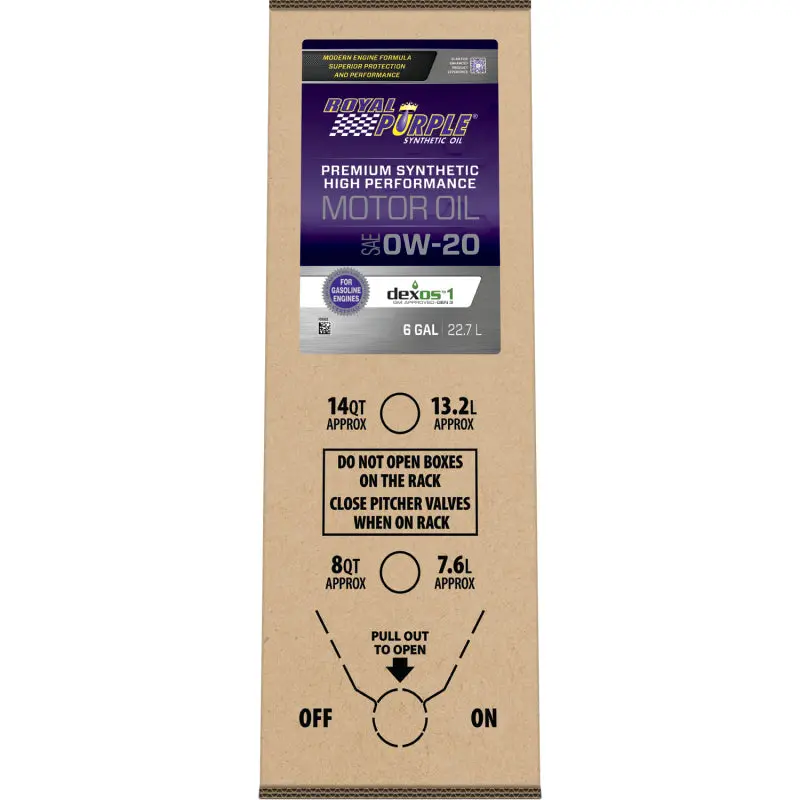Royal Purple 0W-20 Synthetic High-Performance Motor Oil – 6-Gallon Bag-In-Box Format 1